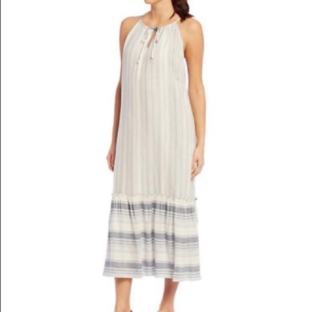 Cremieux Jamie Striped Maxi Dress w Ruffle Hem Sz XS w MEASUREMENTS Blue White